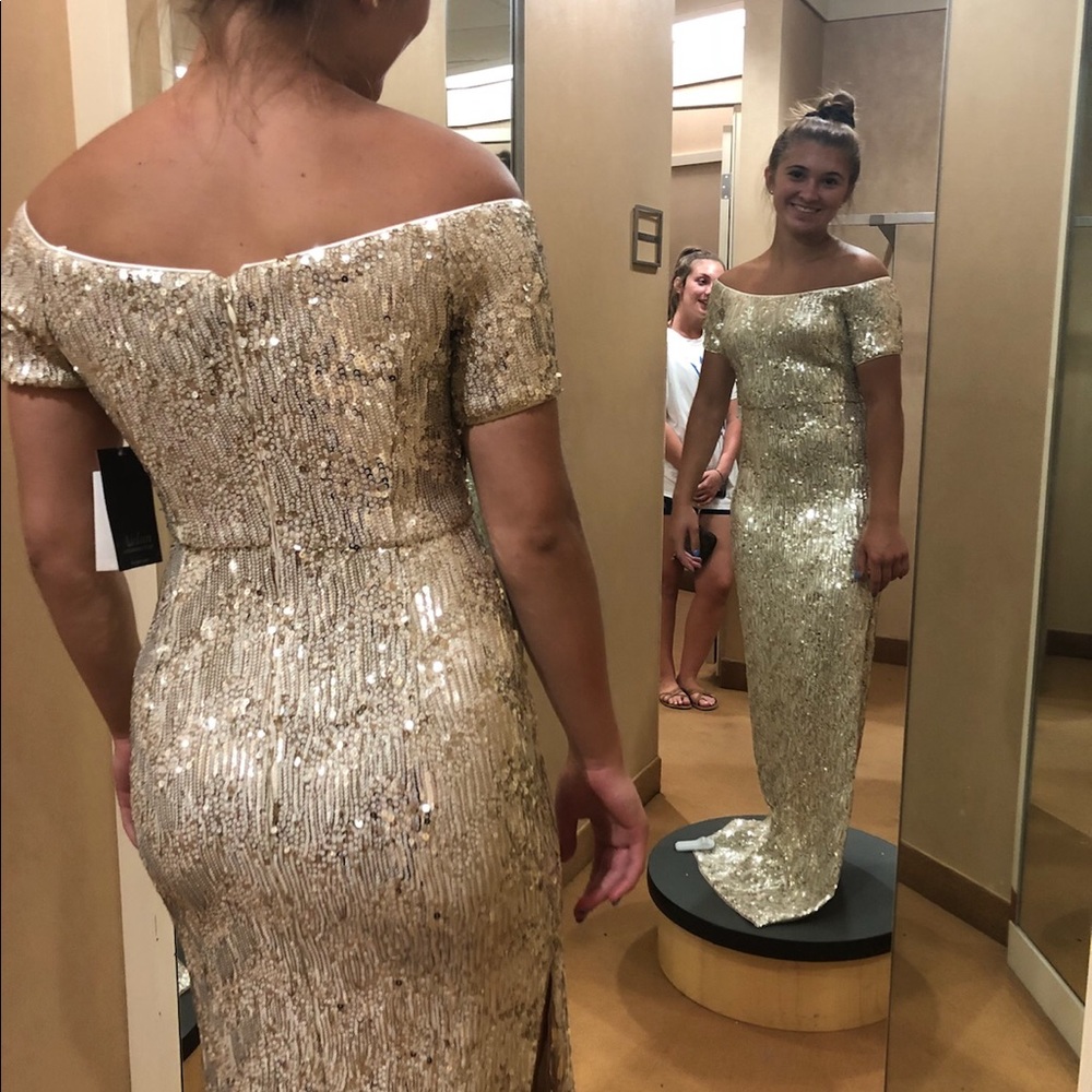 Cap Sleeve Scoop Back Sequin Gown